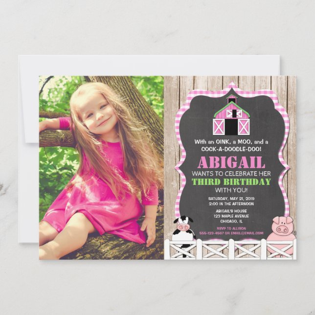 Invitación Animales de granja rosados foto de cumpleaños del  (Anverso)