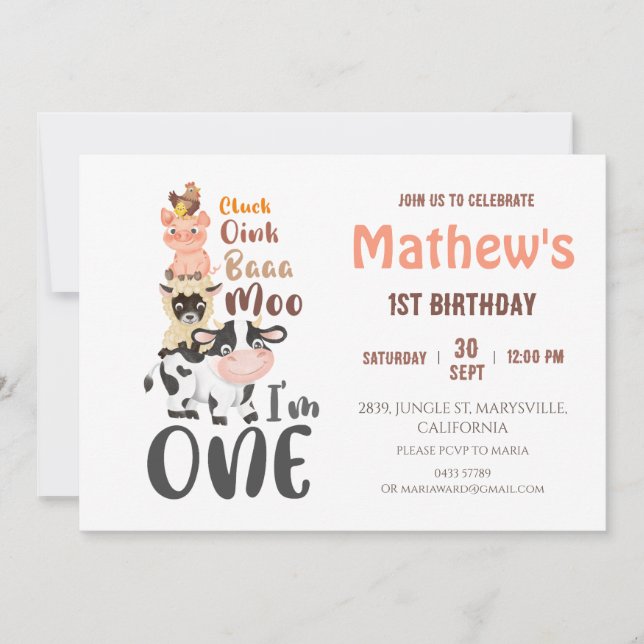 Invitación Animales de granja Sagrada Vaca Primer Cumpleaños (Anverso)