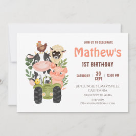 Invitación Animales de granja Sagrada Vaca Primer Cumpleaños