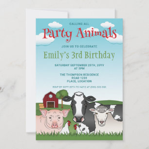 Invitación Animales de granja Vaca Cerdo Oveja Cumpleaños Col