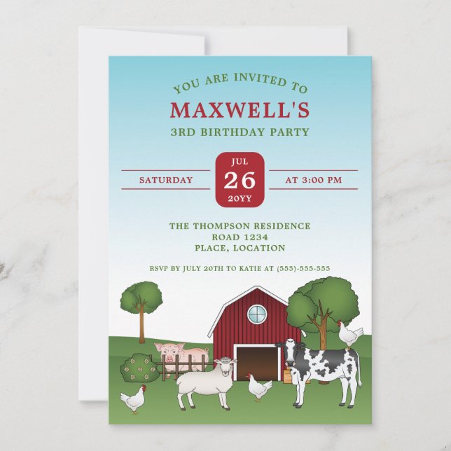 Invitación Animales de granja y cumpleaños campestre de grane (Anverso)