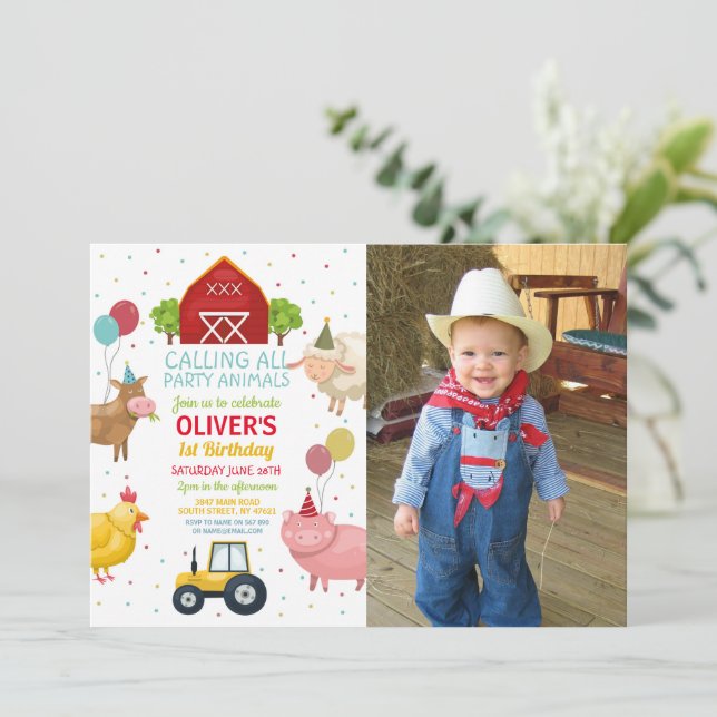 Invitación Animales de granjas para niños primera foto de cum (Anverso de pie)