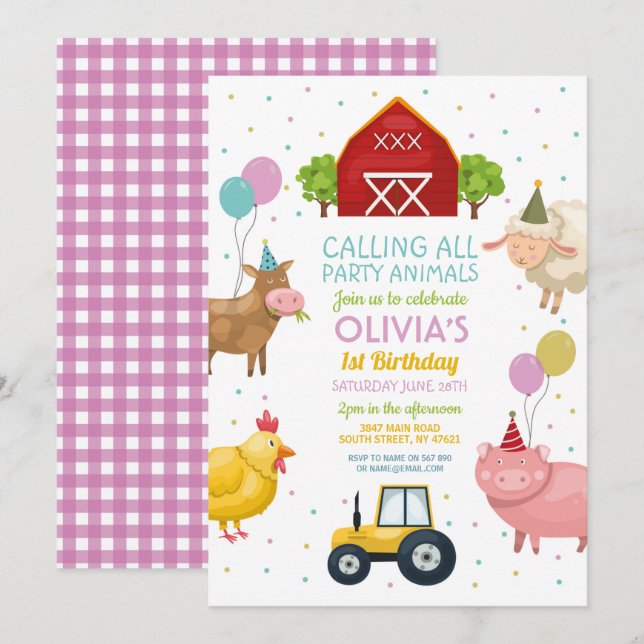 Invitación Animales de granjas primero niños cumpleaños Chica (Anverso / Reverso)