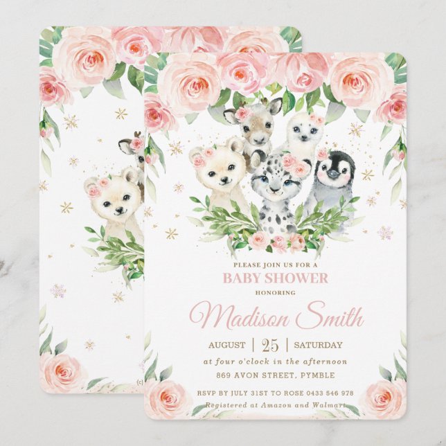 Invitación Animales de invierno Ártico Rubor Floral Baby Show (Anverso / Reverso)
