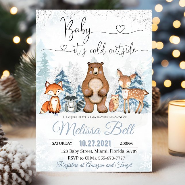 Invitación Animales de invierno Woodland Baby Shower Se acabó (Winter Animals Woodland Boy Baby Shower invitation featuring snowy forest animals like bears, foxes,)