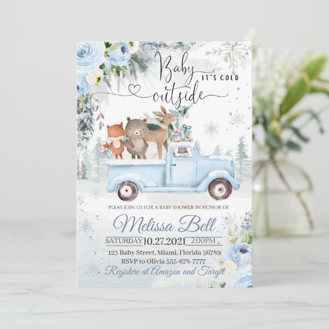 Invitación Animales de invierno Woodland Blue Truck Snowy Bab (Anverso de pie)