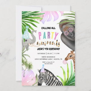 Invitación Animales de la Fiesta de la Jungla Cumpleaños 4 