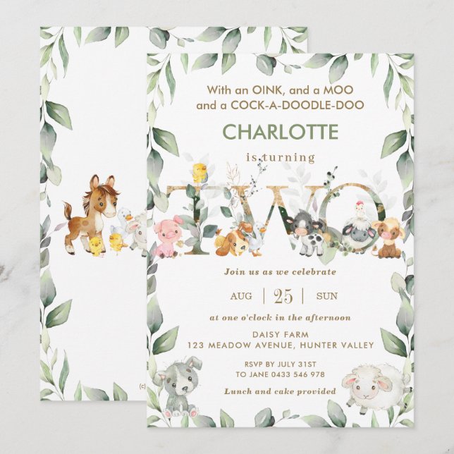Invitación Animales de la granja Barnyard Greenery segundo cu (Anverso / Reverso)
