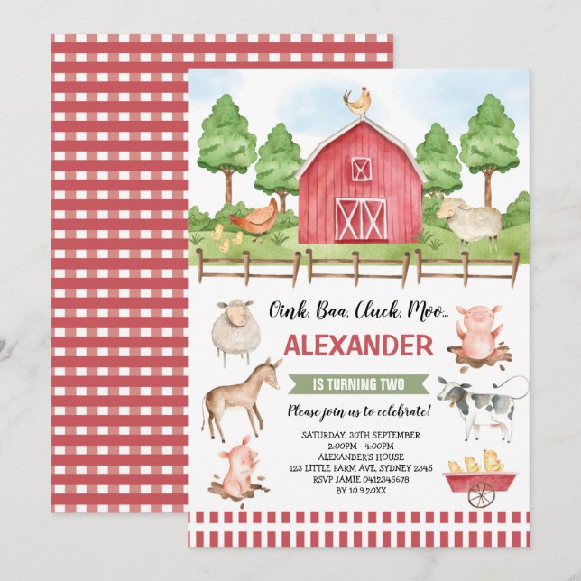 Invitación Animales de la granja Cute Farm Animals Barnyard B (Anverso / Reverso)
