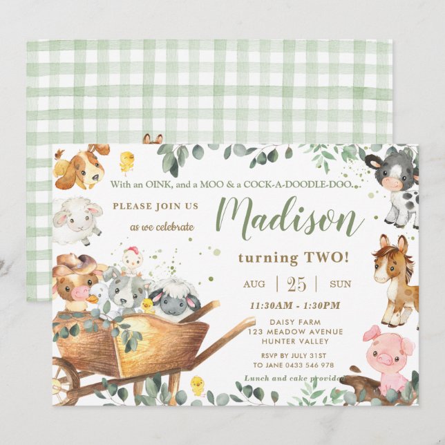 Invitación Animales de la granja Cute Farm Barnyard Greenery  (Anverso / Reverso)