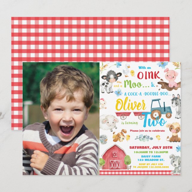 Invitación Animales de la granja Cute Farm Barnyard Segunda J (Anverso / Reverso)