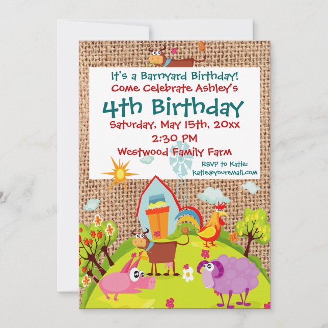 Invitación Animales de la granja de Barnyard Burlap Invitacio (Anverso)