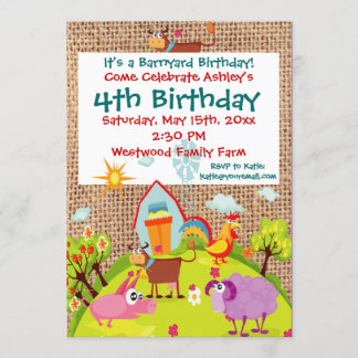 Invitación Animales de la granja de Barnyard Burlap Invitacio