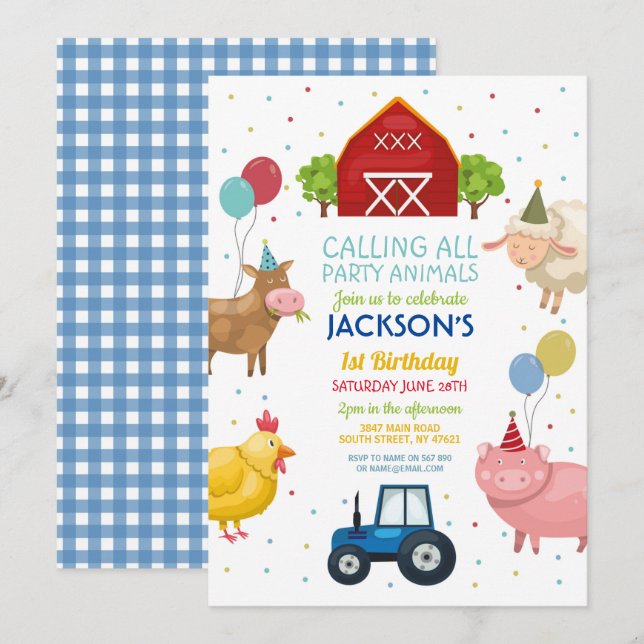 Invitación Animales de la Granja Primer Niño Cumpleaños Tract (Anverso / Reverso)