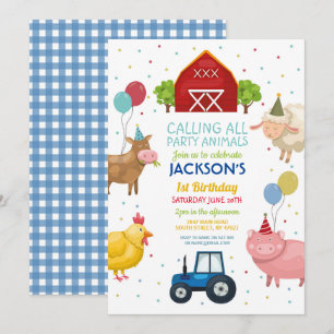 Invitación Animales de la Granja Primer Niño Cumpleaños Tract