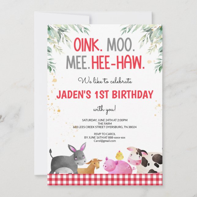 Invitación Animales de la granja Red Gingham Birthday Barnyar (Anverso)