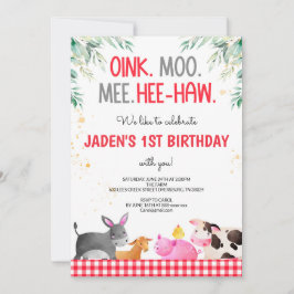 Invitación Animales de la granja Red Gingham Birthday Barnyar
