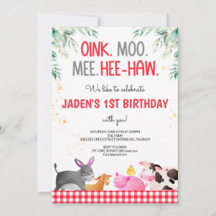 Invitación Animales de la granja Red Gingham Birthday Barnyar