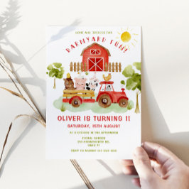 Invitación Animales de la granja roja fiesta de primer cumple