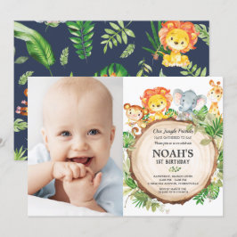 Invitación Animales de la jungla 1er cumpleaños vegetación Sa