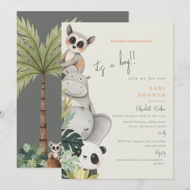 Invitación Animales de la jungla bebé es un niño Baby Shower (Anverso / Reverso)