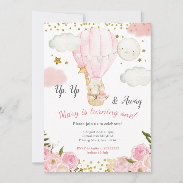 Invitación Animales de la jungla Chica de globos aerostáticos (Anverso)