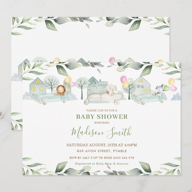 Invitación Animales de la jungla coches Chica de Baby Shower  (Anverso / Reverso)