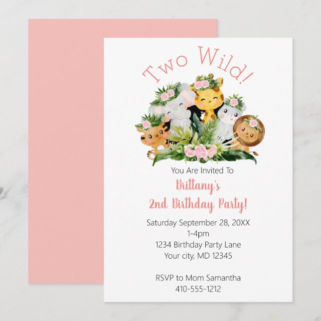 Invitación Animales de la Jungla Cumpleaños Salvaje 2 (Anverso / Reverso)
