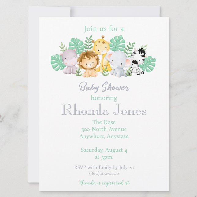 Invitación Animales de la jungla de moda Ducha de bebé acuare (Anverso)
