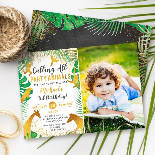 Invitación Animales de la Jungla de Oro Niños Safari Foto Cum (Subido por el creador)