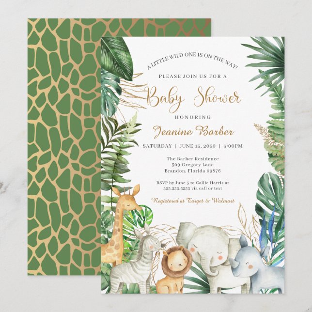 Invitación Animales de la jungla de Safari - Baby Shower de o (Anverso / Reverso)