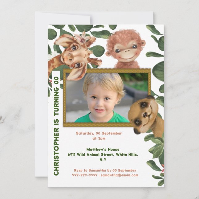 Invitación Animales de la jungla fiesta de cumpleaños de foto (Anverso)