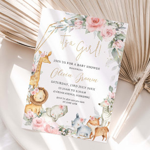 Invitación Animales de la Jungla Floral Rosa Fiesta de Bebé N