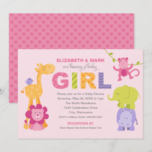 Invitación Animales de la Jungla Rosa Baby Shower de Niña par