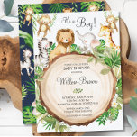 Invitación Animales de la jungla Safari Boy de la vegetación<br><div class="desc">Personaliza esta impresionante invitación a la ducha de bebé de Jungle Animals con tus detalles fácil y rápidamente. ¡Todos los textos son editables! Ideal para la ducha de bebé, , ducha neutral de género, revelación de género y más. Presenta unos animales de la selva pintados a mano y una vegetación...</div>