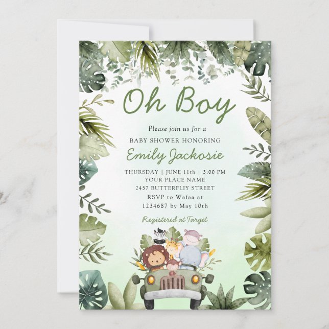 Invitación Animales de la jungla Safari Boy de la vegetación  (Anverso)