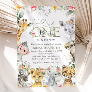 Invitación Animales de la jungla, Safari, Flores, Baby Shower