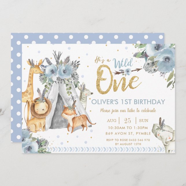 Invitación Animales de la jungla Salvaje Azul Tribal Primer c (Anverso / Reverso)