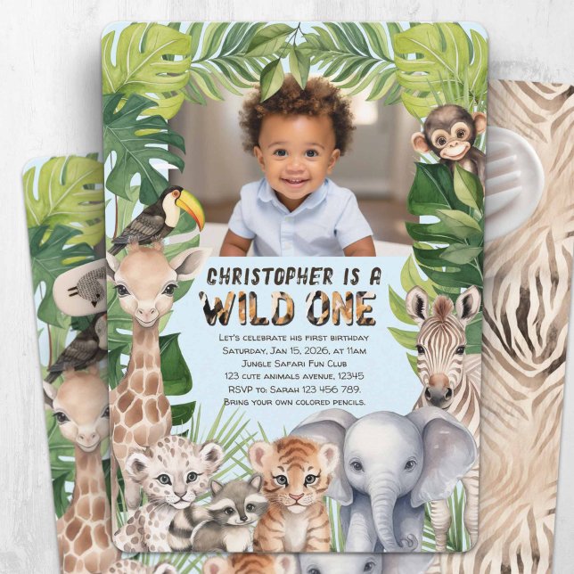 Invitación Animales de la jungla salvajes una foto de primer  (Blue wild one invitation, Baby boy first birthday photo invitation. Jungle animals themed birthday.)