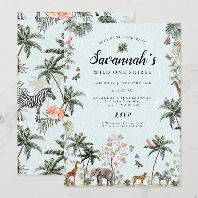 Invitación Animales de la jungla tropical | Chica Wild One Bi (Anverso / Reverso)
