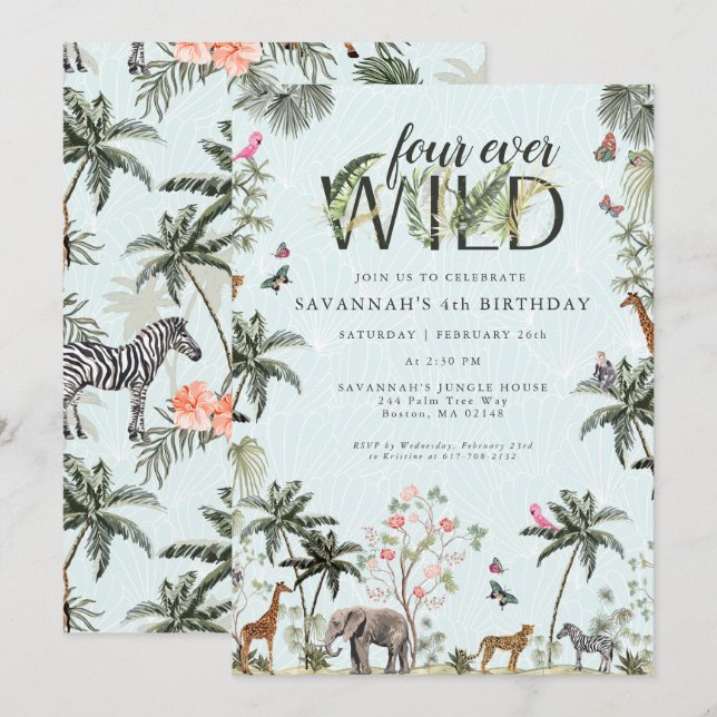 Invitación Animales de la jungla tropical | Cuatro salvajes d (Anverso / Reverso)