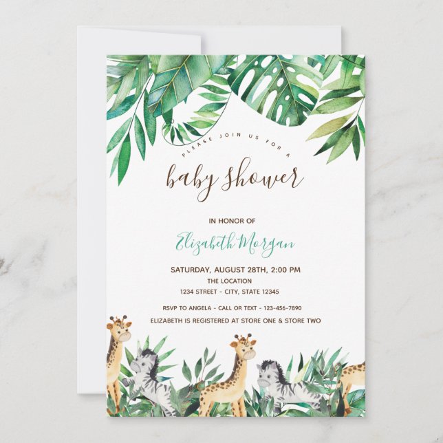 Invitación Animales de la jungla Tropical deja Baby Shower (Anverso)