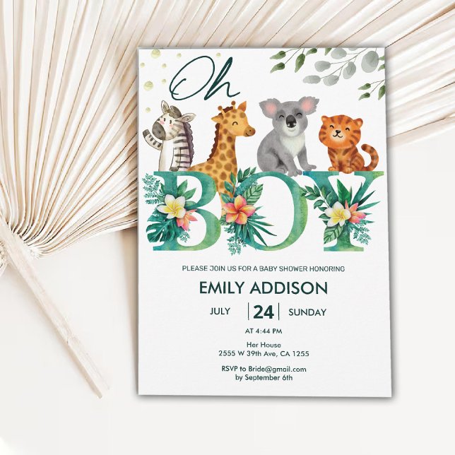 Invitación Animales de la jungla verde Oh Boy Safari Baby Sho (Greenery Jungle Animals Oh Boy Safari Baby Shower Invitation)