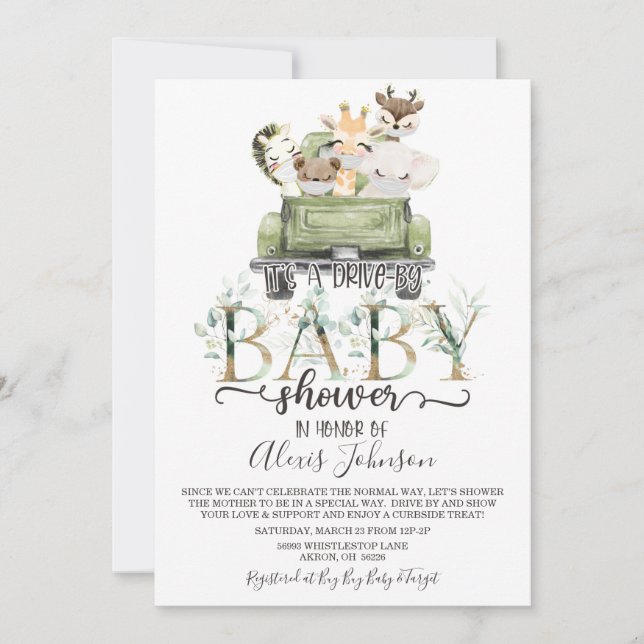 Invitación Animales De La Selva Conducen Por Baby Shower Anim (Anverso)