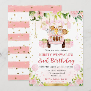 Invitación Animales de la selva de acuarela rosa Cumpleaños d