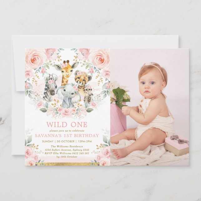 Invitación Animales de la selva floral rosa de Rubor silvestr (Anverso)
