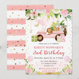 Invitación Animales de la selva rosa acuarela Cumpleaños de n