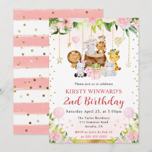 Invitación Animales de la selva rosa acuarela Cumpleaños de n