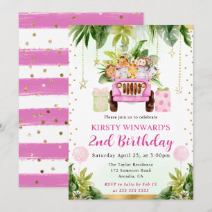 Invitación Animales de la selva rosa acuarela Cumpleaños infa