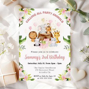 Invitación Animales de la selva rosa acuarela cumpleaños infa